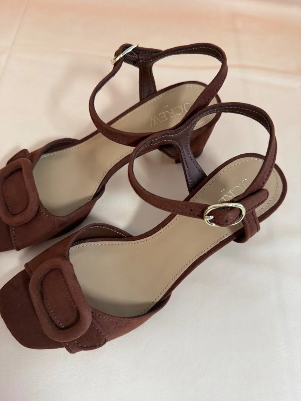 J. Crew Faux-suede buckle heeled sandals stylish comfortable Antique Oak Size 8